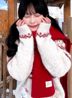 星月豚骨小雪人浆果红色针织围巾高品质围脖保暖新年礼物红围巾女