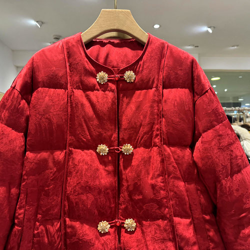 凡爱8623 双排花朵扣人丝提花水貂毛袖口国风轻奢圆领短羽绒服冬 - 图1