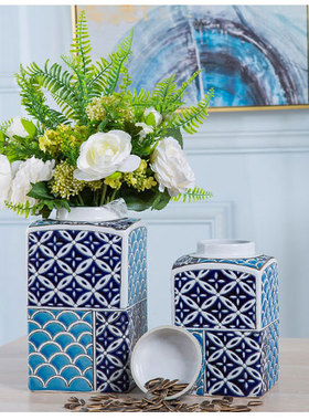 景德镇欧式地中海陶瓷茶叶罐储存罐四方罐带盖子现代家居花瓶装饰