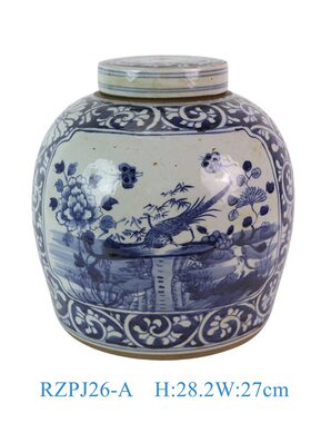 景德镇高颜值青花瓷明罐缠枝开窗花鸟山水纹样办公室存茶博摆件
