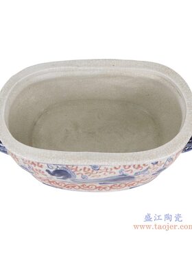 景德镇陶瓷手绘青花釉里红缠枝麒麟纹双耳脚盆中式瓷盆摆件