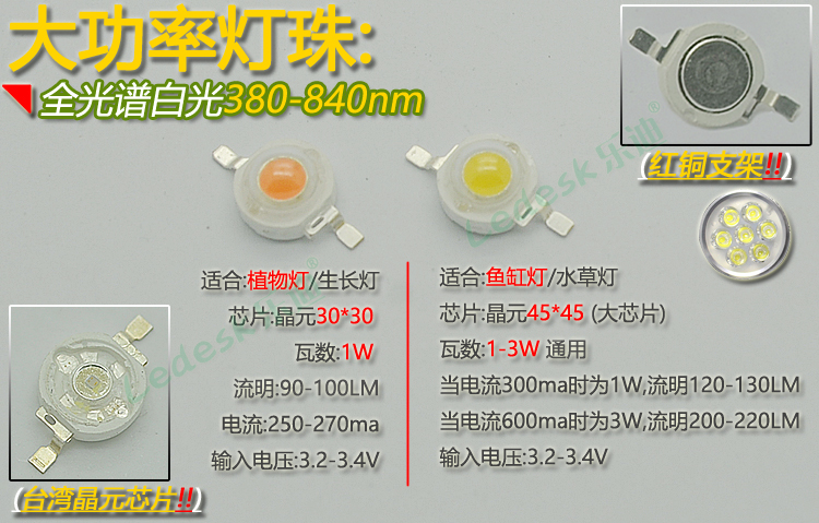 全光谱led灯珠灯芯植物灯鱼缸水草珊瑚灯集成光源全波长380-840nm - 图0