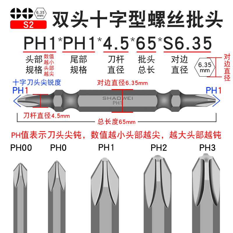 少威PH1-PH1-4.5-65-6.35双头十字批头电动螺丝刀气动批头风批头 - 图0