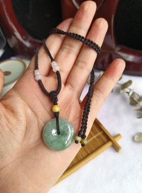 缅甸A货翡翠玉平安扣吊坠飘花男女款项链手工编织绳原创生日礼物