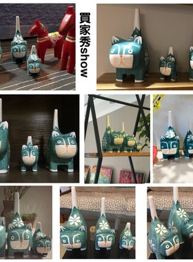 跨境创意手绘工艺品胖蓝猫动物摆件家居客厅橱柜装饰品咖啡厅摆设