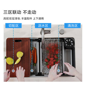 摩恩摩空间枪灰色多功能飞雨水复式水槽套装不锈钢洗杯器大单槽