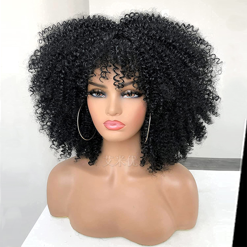 Afro kinky curly wigs with bangs假发爆炸头拉美卷短款整顶发套 - 图0