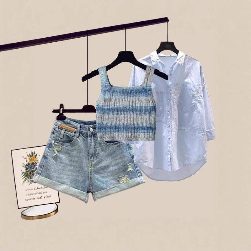 复古磨破卷边A字牛仔短裤女2025夏季新款高腰宽松显瘦阔腿热裤子 - 图1