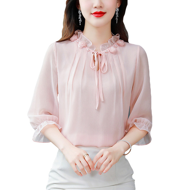 ເສື້ອຢືດ chiffon lace-up ສໍາລັບແມ່ຍິງ, tops ຄົນອັບເດດ: ກາງແຂນພາກຮຽນ spring