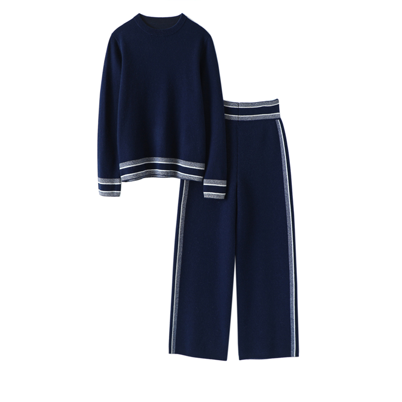 气质~意大利腔调设计!加厚羊绒衫女纯羊绒毛衣直筒阔腿裤子套装 - 图2