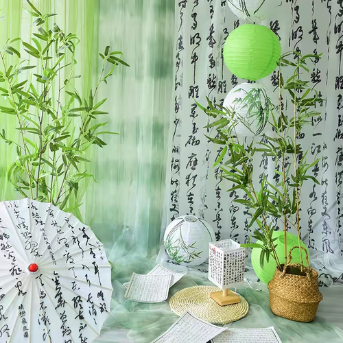 幼儿园春季开学环创绿色布料植物角新中式古风材料书法纱幔挂桌布 - 图3