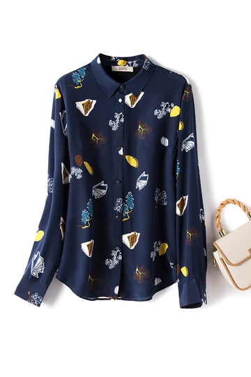 2025秋优雅气质重磅真丝上衣女长袖修身印花翻领桑蚕丝衬衫女衬衣