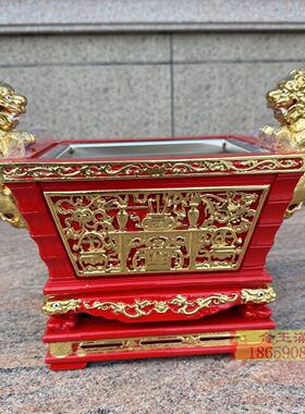 马槽炉四方小型双狮香炉7寸2木雕