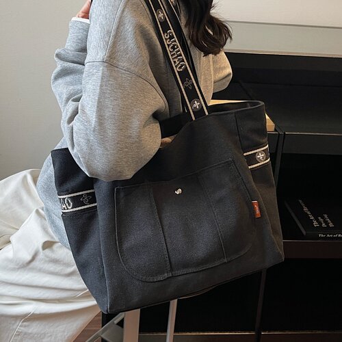 春季大容量托特包包女时尚学生上课手提帆布袋小众百搭单肩通勤包 - 图1