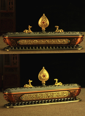 密宗卧香炉藏式供佛用品家用室内八吉祥双鹿法轮薰香炉供奉线香盒