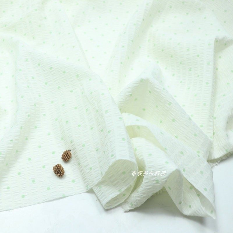 米色绿波点褶皱条纹雪纺布料夏季田园连衣裙服装发圈手工diy面料,淘宝优惠券,粉丝福利购,淘宝优惠卷
