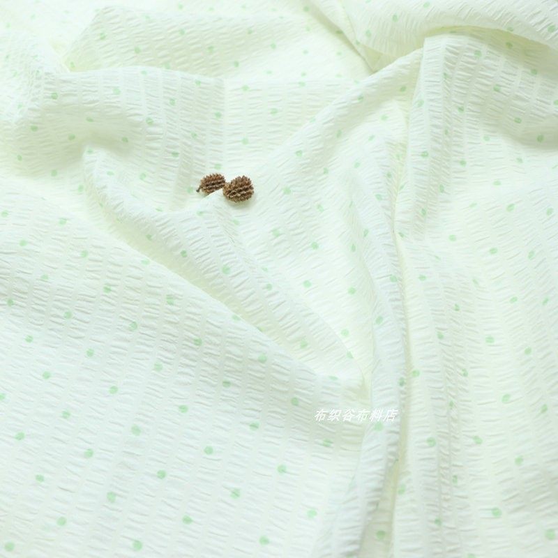 米色绿波点褶皱条纹雪纺布料夏季田园连衣裙服装发圈手工diy面料,淘宝优惠券,粉丝福利购,淘宝优惠卷