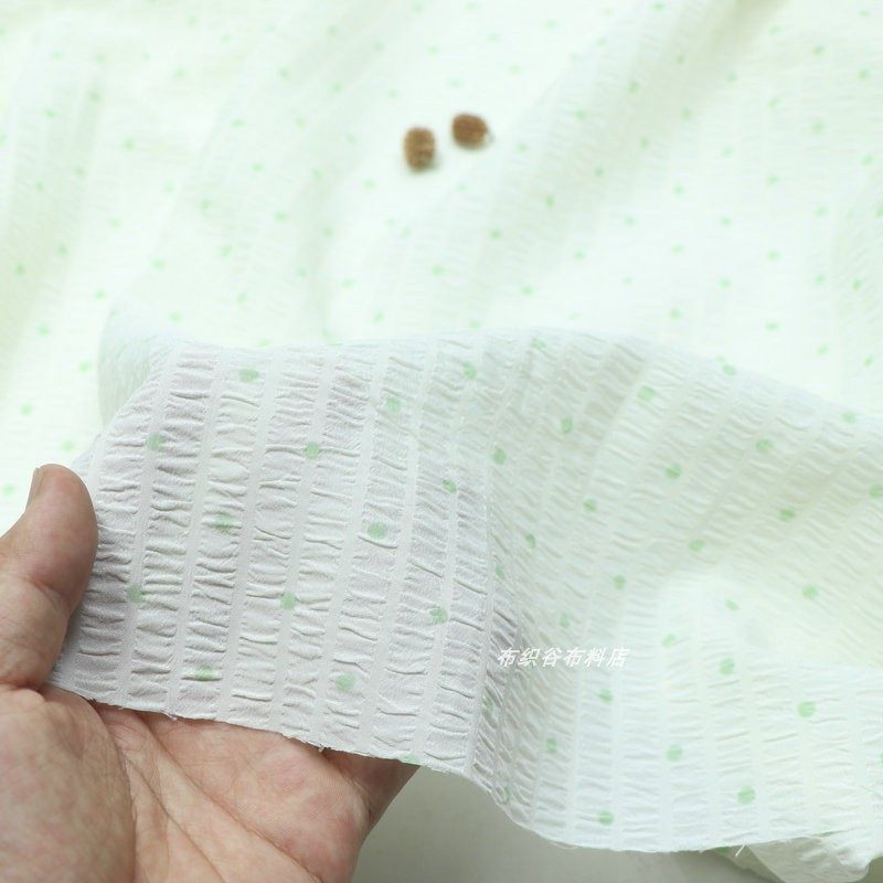 米色绿波点褶皱条纹雪纺布料夏季田园连衣裙服装发圈手工diy面料,淘宝优惠券,粉丝福利购,淘宝优惠卷