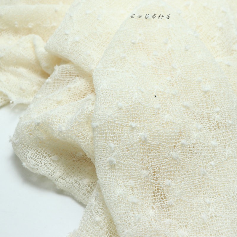 日单米色绣提毛线球圆点编织布韩系开衫连衣裙服装连衣裙外披面料 - 图3