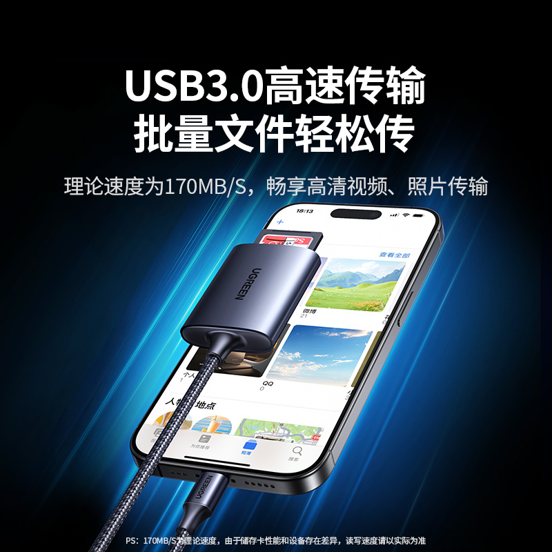 绿联读卡器sd/tf内存卡多合一usb3.0高速读取适用大疆佳能相机ccd苹果17typec手机电脑储存卡外置插卡转换器 - 图1