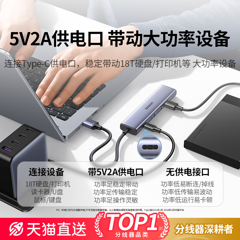 绿联usb扩展器插头多口集分线器typec延长hub3.0外接转接u盘转接头带供电转换笔记本电脑台式usp多接口拓展坞-图3