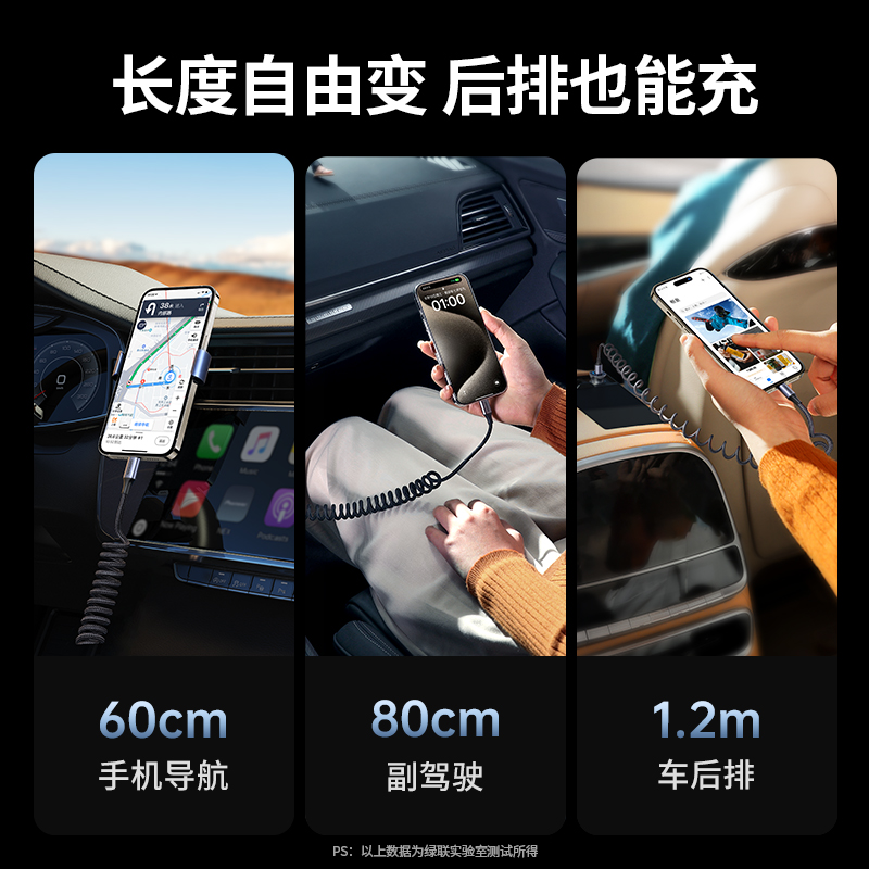 绿联适用苹果15车载充电线弹簧carplay数据线双typec适用iPhone15promax华为安卓ipad平板笔记本快充电器线短 - 图2