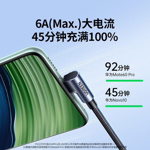 绿联type-c数据线弯头适用华为nova13mate70小米安卓66W手机短usb转横直角歪L型90编织6a超级快充tpyec充电线 - 图0