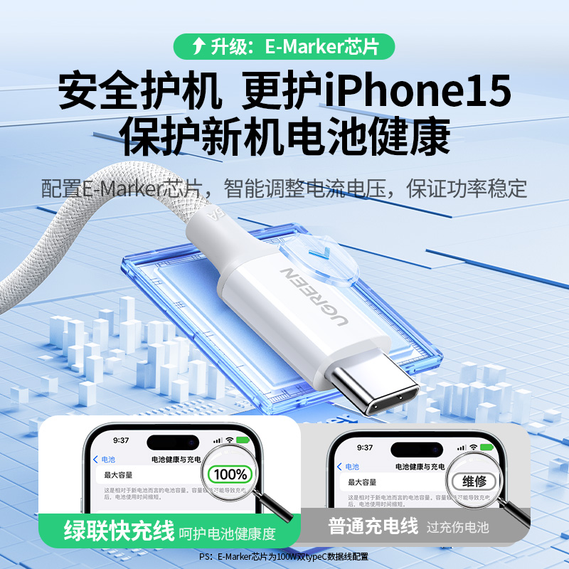 绿联适用苹果15充电线iPhone15Promax充电器线usb双typec数据线pd100W快充ctoc口手机笔记本ipadair平板plus - 图0