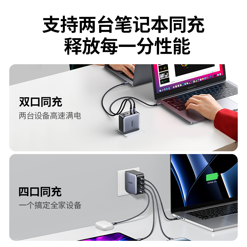 绿联100W氮化镓适用苹果联想小米手机多口快充PD充电器头usb-c插头Macbook笔记本电脑ipad平板pro三typec四口