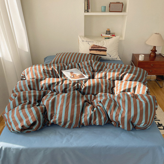 Li Meng Simple Blue Coffee Striped Pure Cotton Four-Piece Set Full Cotton Bed Sheet Bedding Single Door Bedding