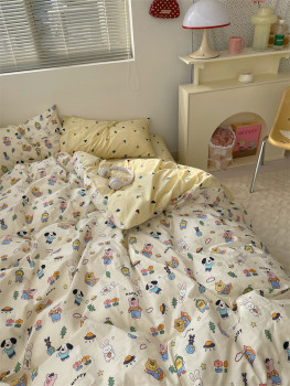 Limeng Forest Party ~ Cartoon Cute Cotton Set 40 Thread Counters Cotton Sheets and Quilt Covers Student Dorm