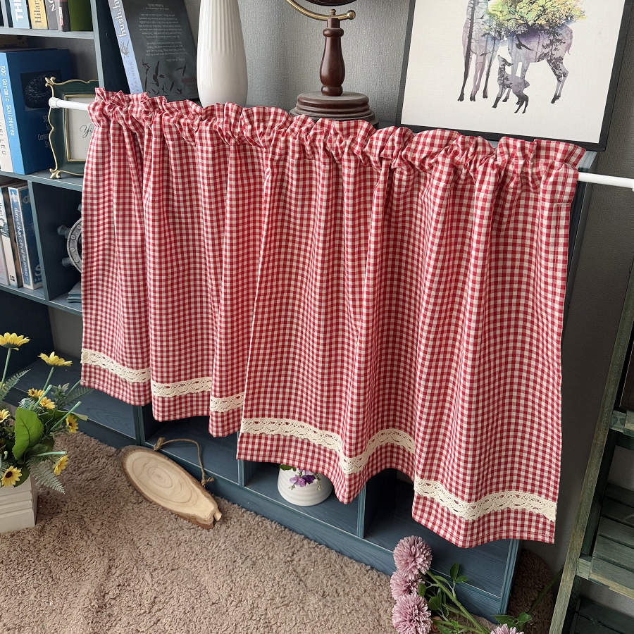 红色小格子半帘窗帘门帘美式乡村穿杆半截小窗帘咖啡帘柜帘遮挡帘 - 图3