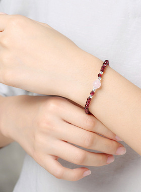 酒红石榴石925银粉七夕礼物单圈