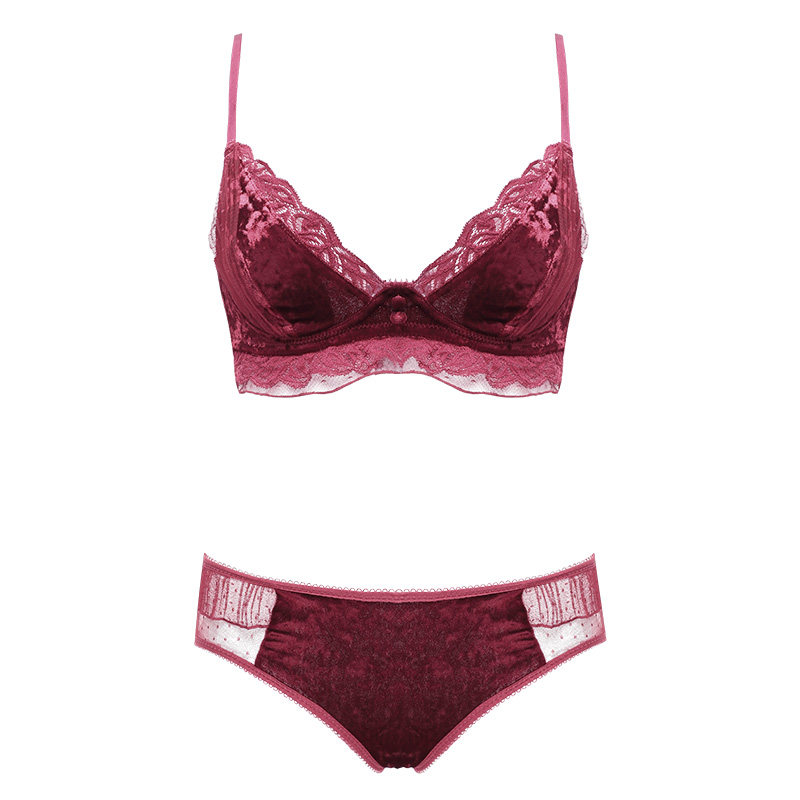 红色一套装小胸聚拢丝绒胸罩内裤 嫦香诗文胸