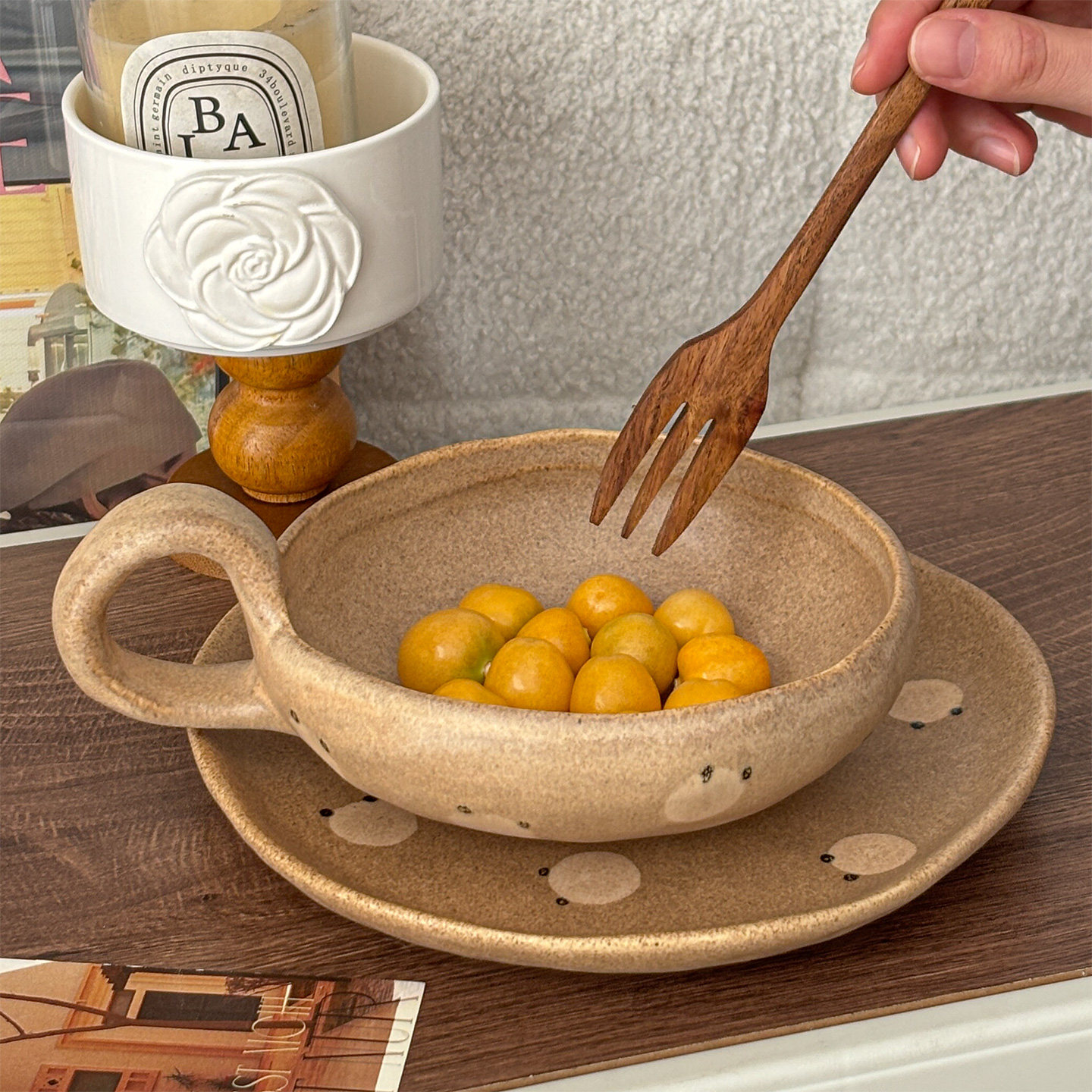 穆尼复古粗陶餐具手绘小熊甜水碗轻食沙拉碗家用餐具可爱创意复古