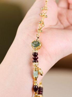 QIUSHI蓝水翡翠双拼小叶紫檀手链如意好运轻奢感手串