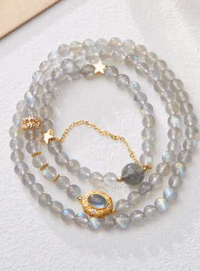 月光石水晶手链女S925银海蓝宝公主三圈手链闺蜜礼物