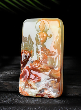 和田玉籽料山水观音玉佩挂件