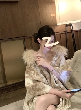 真狐狸毛【贵奢名媛】慵懒贵气毛毛领老花流苏披肩上衣外套女秋冬