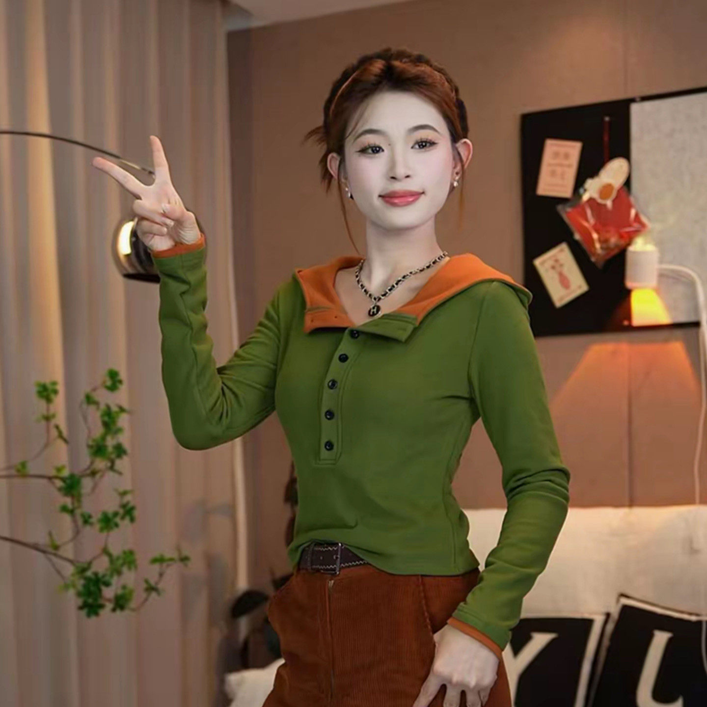 欧货时尚双面绒连帽撞色T恤女冬季套头半纽扣保暖弹力打底衫上衣,淘宝优惠券,粉丝福利购,淘宝优惠卷