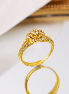 古法沙金镶钻玫瑰花戒指仿黄金指环手工锆石花朵镀金女饰品