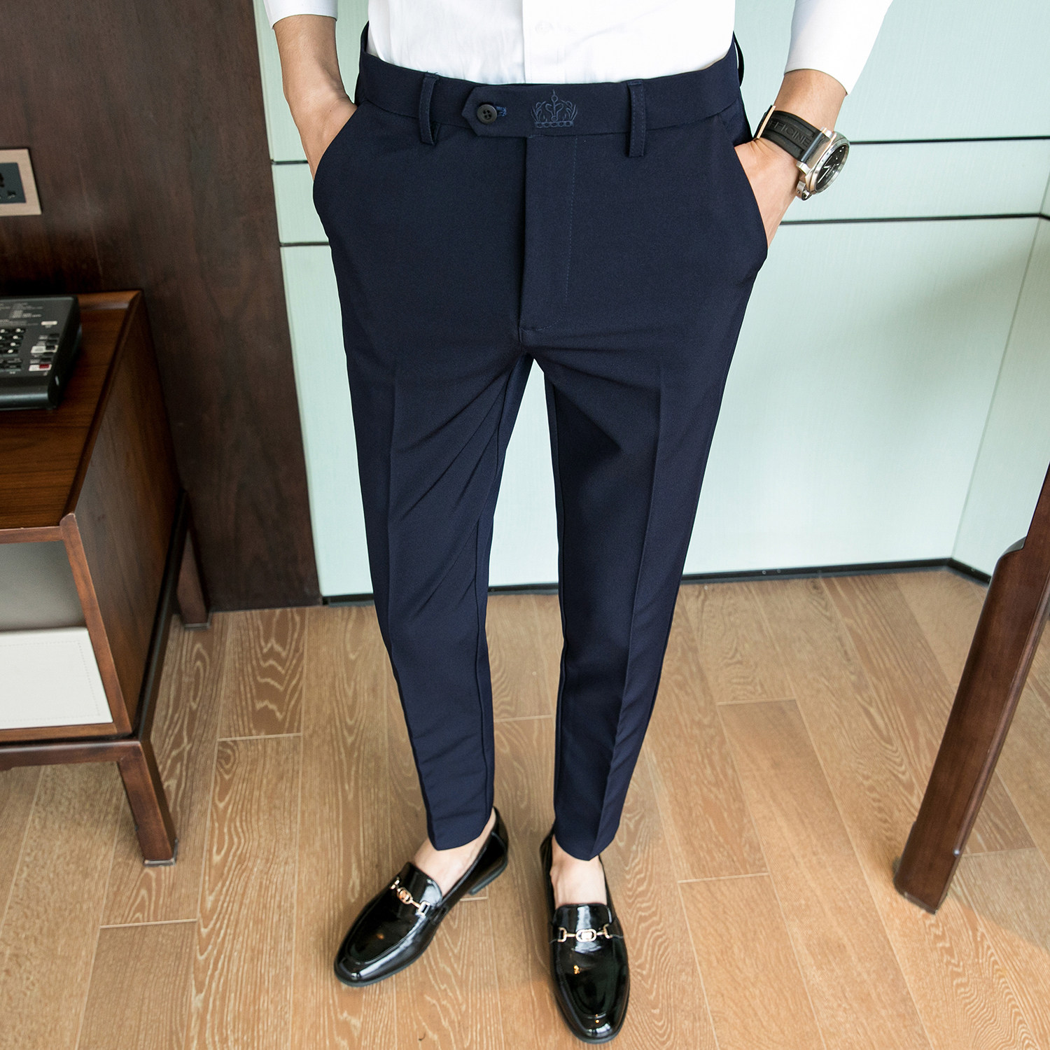 秋季男士小西裤修身小脚弹力休闲裤时尚坠感西装裤子男九分裤商务,淘宝优惠券,粉丝福利购,淘宝优惠卷