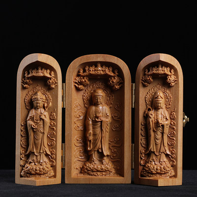 柚木檀香木雕刻居家佛教摆件随身佛龛佛像观音菩萨西方三圣三开盒 虎窝淘