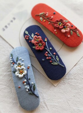 立体刺绣发卡青花丞手工棉麻发夹