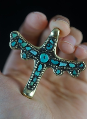 精工西藏传黄利玛铜飞鸟形吊坠手工嵌松石藏式民族风脖挂项坠配件