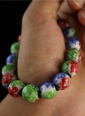 包老清代古法手工红绿蓝三色点彩老琉璃手串多宝文玩精品古珠