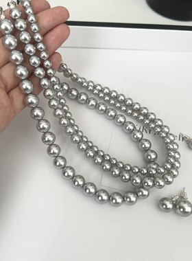 Kiki.进口人造真多麻珍珠项链施家铂金灰锁骨链银灰色珍珠