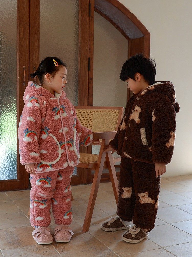 中大童男女宝宝双层加绒保暖连帽家居服套装韩系卡通加厚双层睡衣,淘宝优惠券,粉丝福利购,淘宝优惠卷