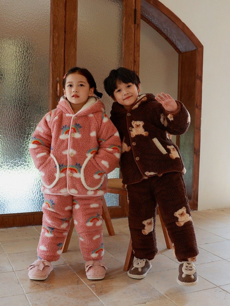 中大童男女宝宝双层加绒保暖连帽家居服套装韩系卡通加厚双层睡衣,淘宝优惠券,粉丝福利购,淘宝优惠卷