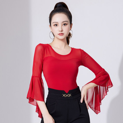 拉丁舞练功服女新款中袖网纱拼接舞蹈服成人国标舞服装摩登舞上衣 - 图1